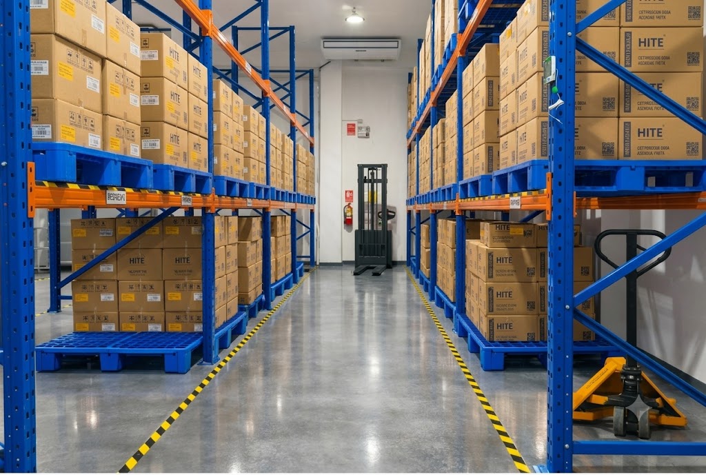 Almacén con aire acondicionado y mercadería paletizada bajo control térmico