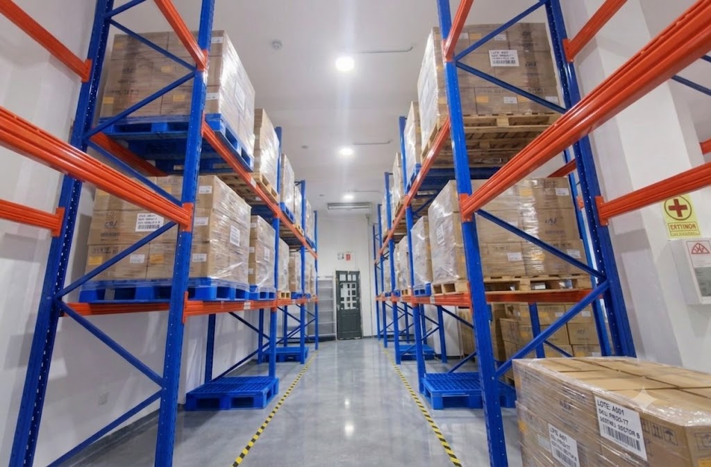 Pasillo del almacén BPA con pallets rotulados por lote y sector