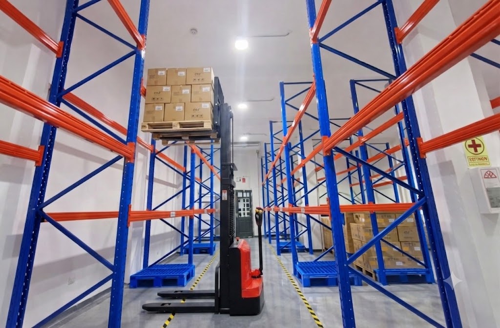 Apilador eléctrico elevando un pallet de cajas en el almacén