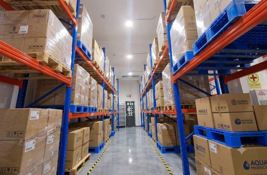 Interior del almacén certificado BPA de Bios Sante — racks a plena capacidad con mercadería paletizada